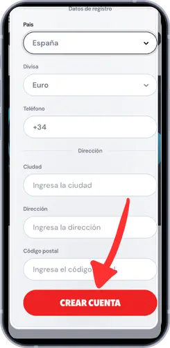 Datos de registro y botón Crear cuenta en Supabet