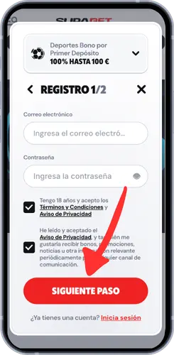 Primer paso del registro en Supabet: correo y contraseña